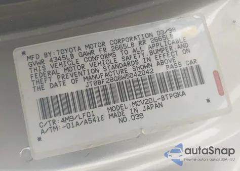 1998 Lexus Es 300 z USA, uszkodzony, nr VIN JT8BF28G6W5042042